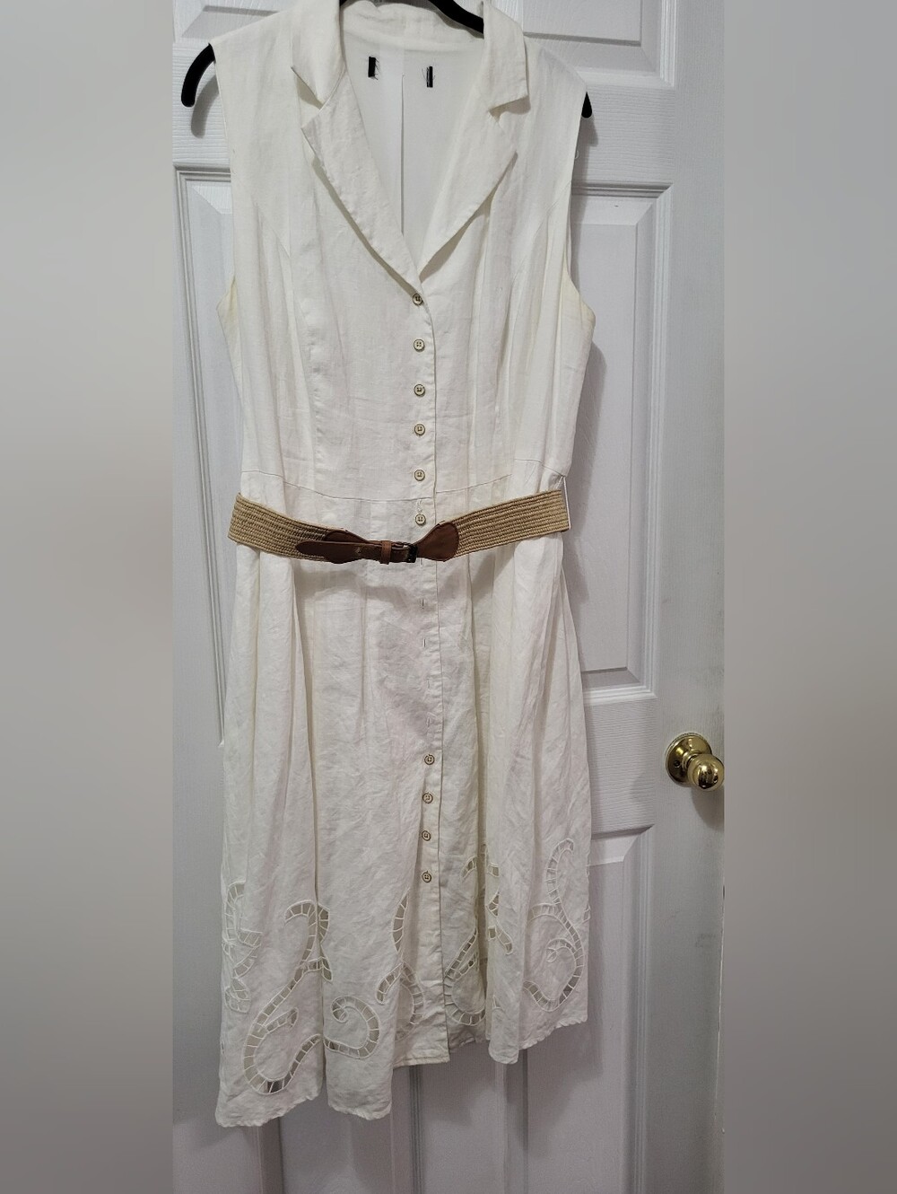 Sleeveless Linen Midi Shirt Dress in Off-White with Woven Belt